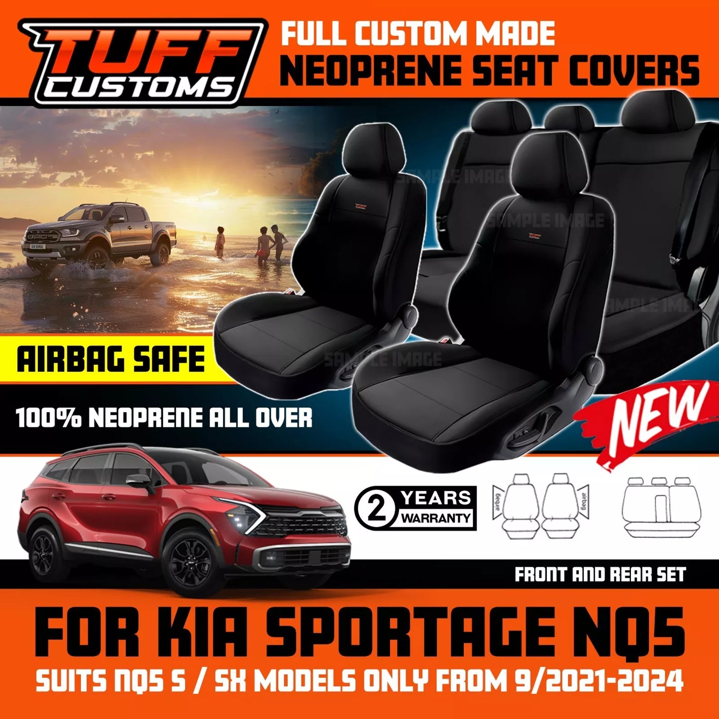 TUFF Customs Neoprene Seat Covers 2 Rows For Kia Sportage NQ5 ( S SX ONLY) 9/2021-2024