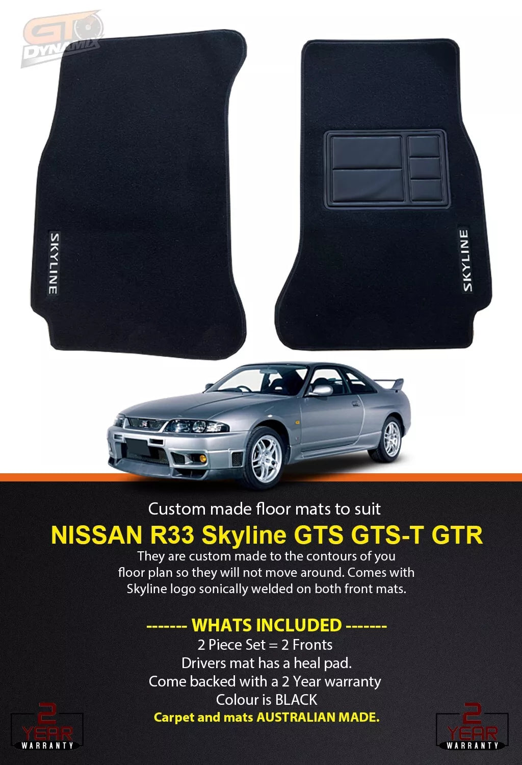 Front Custom Floor Mats For Nissan R33 Skyline in 1989-1993 GTS-T GTS GT-R BLACK