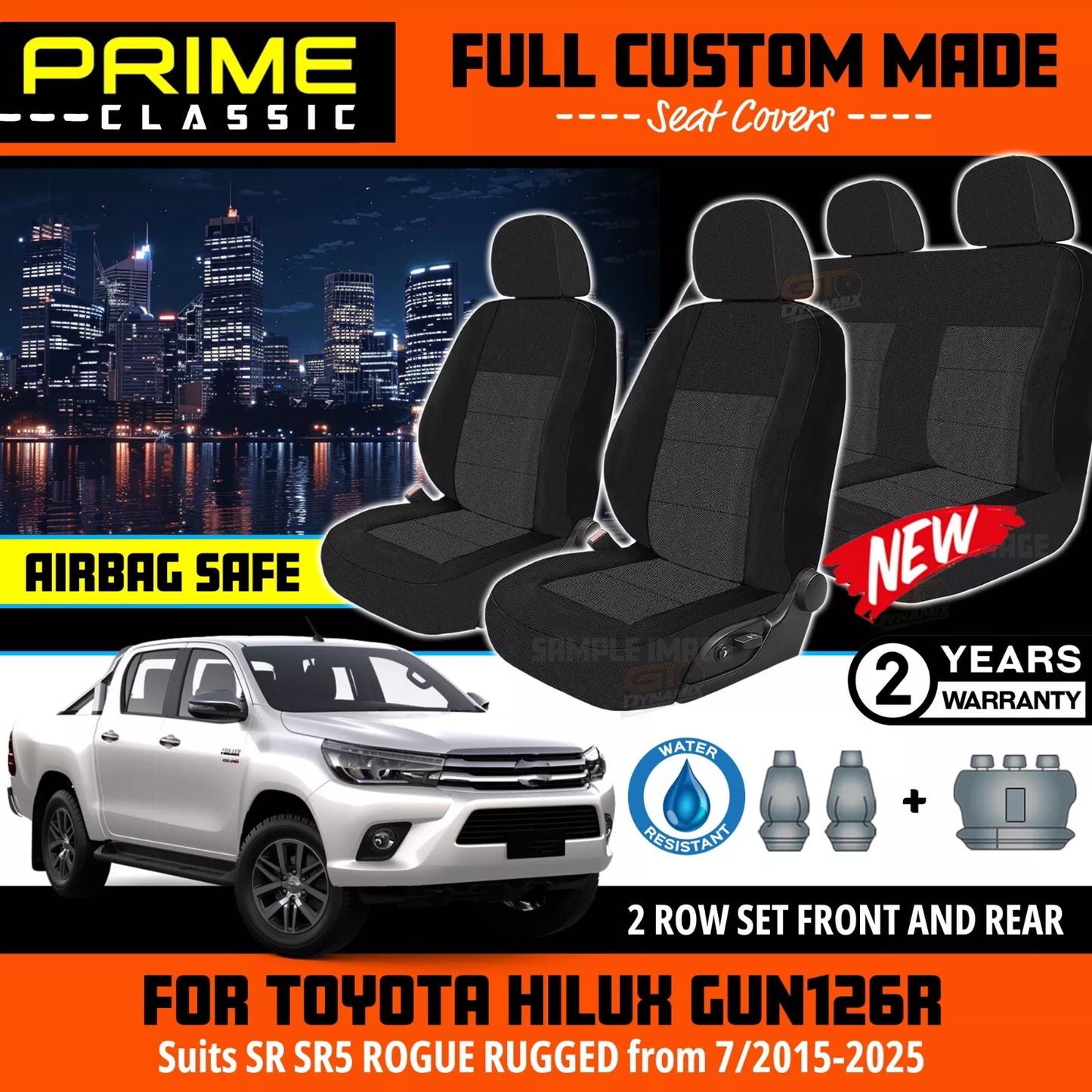 PRIME CLASSIC Black Custom Seat Covers 2 Rows For Toyota Hilux Dual Cab SR5 SR Rogue 2015-2024