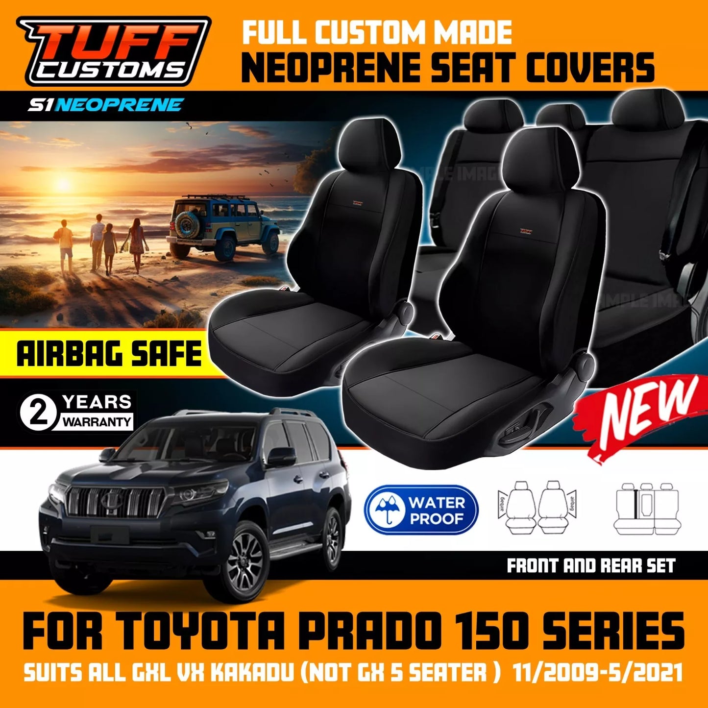 TUFF Customs S1 Neoprene Seat Covers 2 Rows For Toyota Prado 150 GXL VX 2009-5/2021