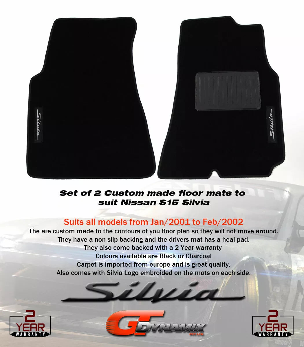 Black Custom Made Floor mats For Nissan S15 Silvia FRONT 2 with (SILVIA) Badge