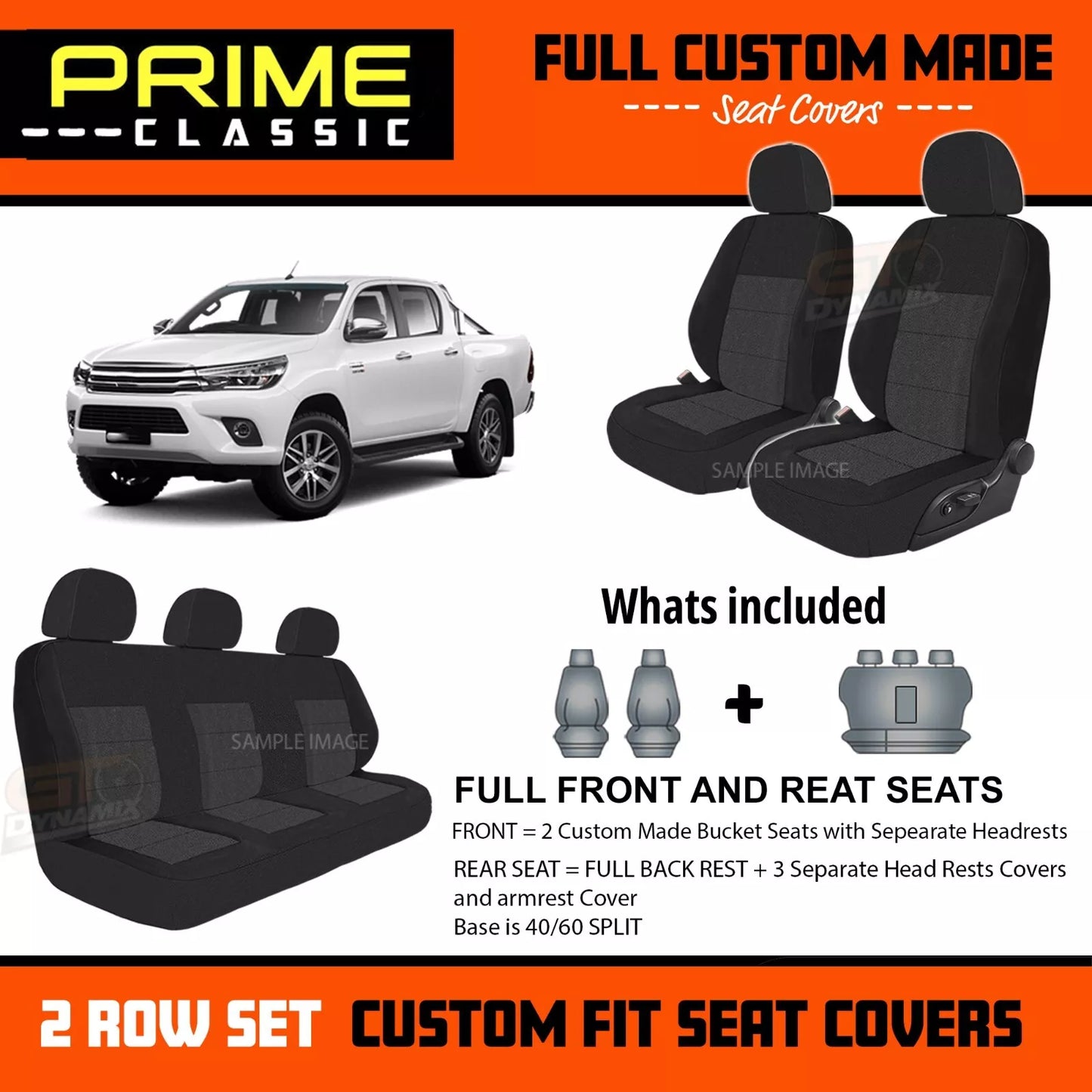 PRIME CLASSIC Black Custom Seat Covers 2 Rows For Toyota Hilux Dual Cab SR5 SR Rogue 2015-2024