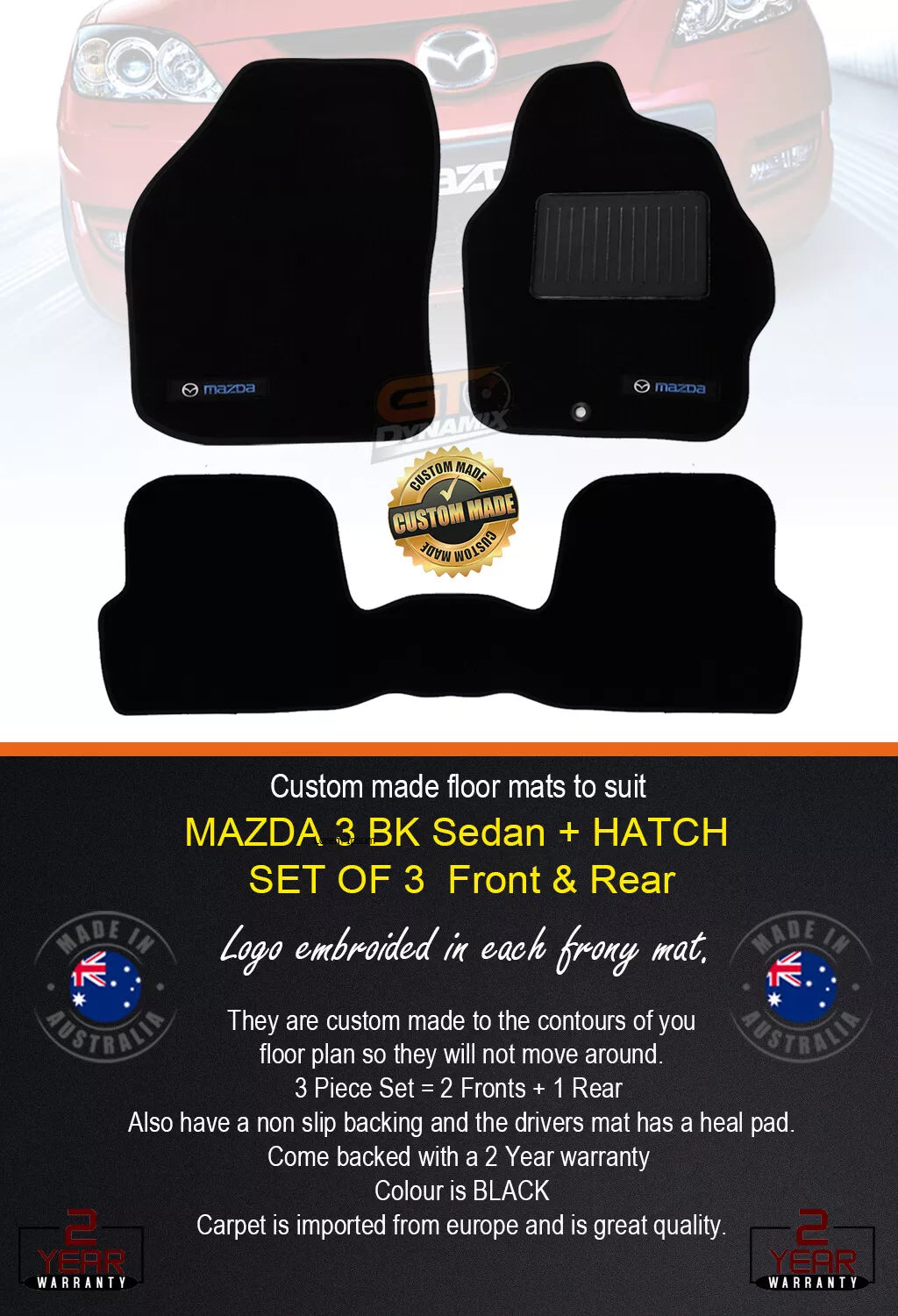 MAZDA 3 BK CUSTOM MADE FLOOR MATS Front and Rear 01/2004-2008 SP23 Hatch Sedan in BLACK