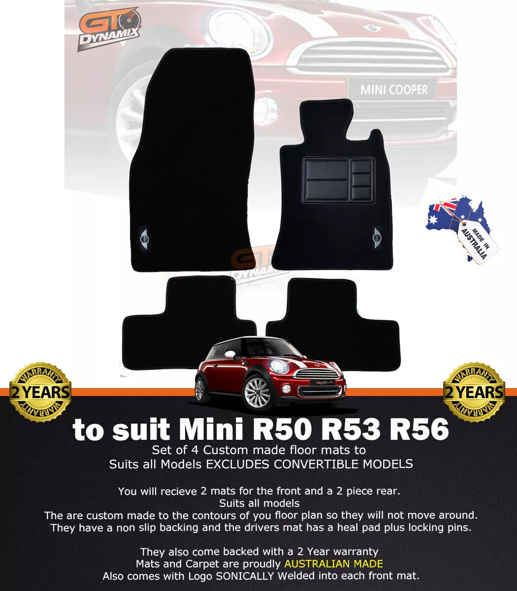 Mini Cooper R50 R53 R56 Custom Made Front and Rear Floor Mats BLACK Jan/2002-ON