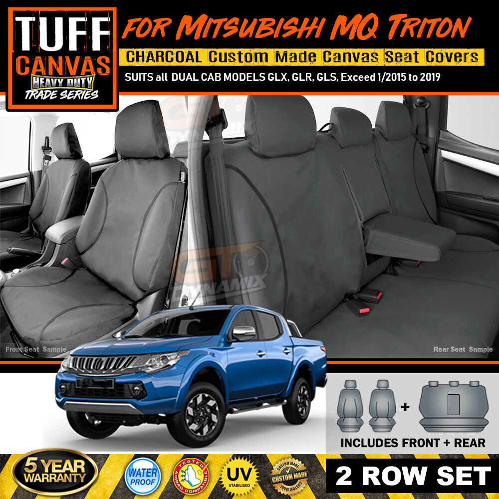 TUFF HD TRADE Canvas Seat Covers 2 Row For Mitsubishi Triton MQ Dual Cab GLS GLX 2015-19 CHARCOAL