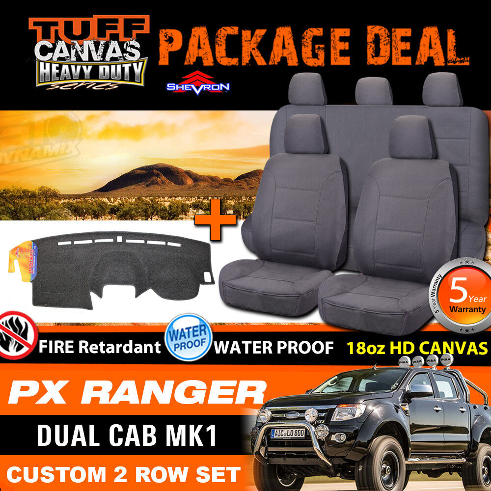 Tuff HD Canvas Seat Covers 2 Rows + Dash Mat For Ford PX RANGER Dual Cab 2011-5/2015 Charcoal