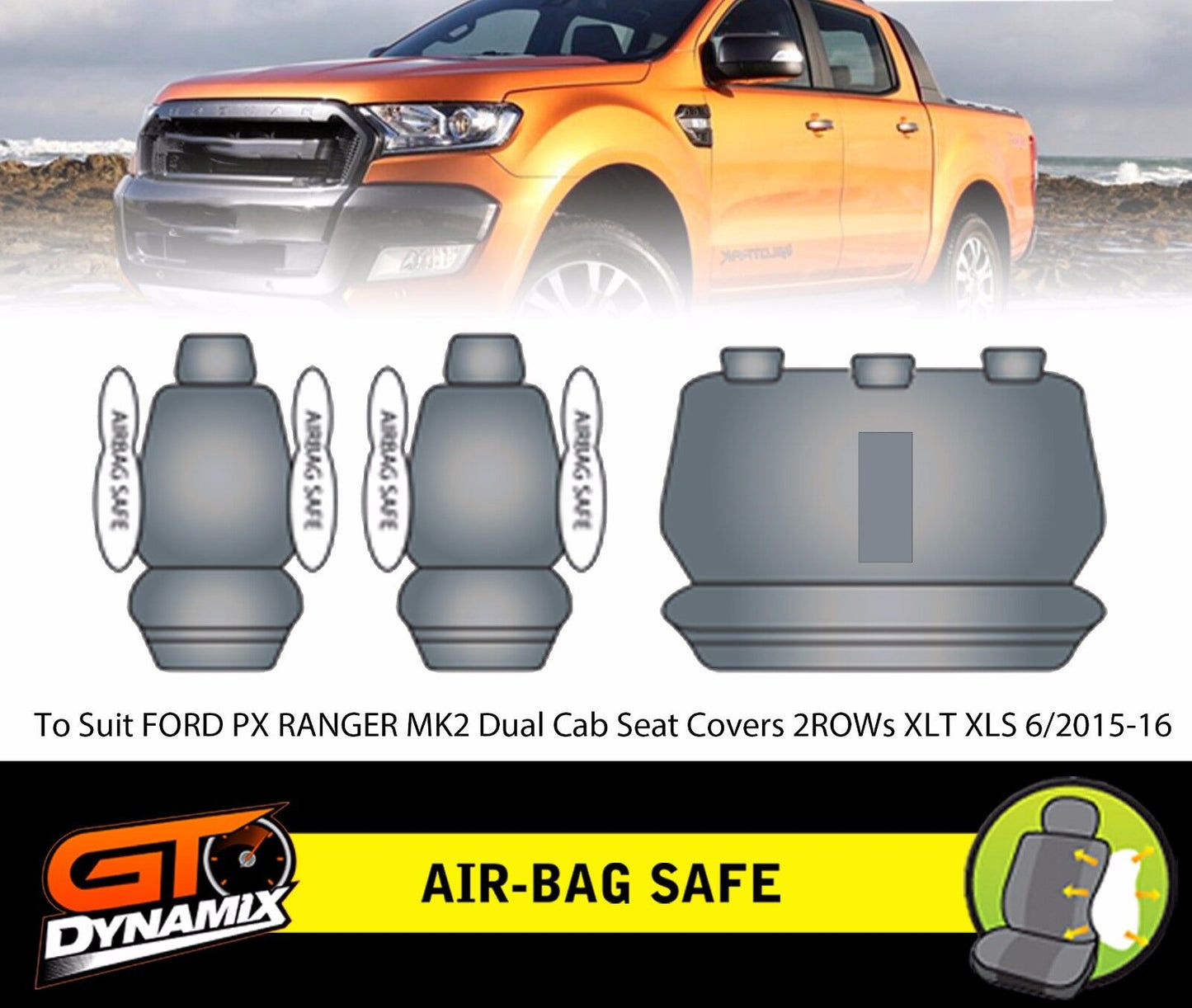 Tuff HD Canvas Seat Covers 2 Rows For Ford PX RANGER MK2 Dual Cab XLT 6/2015-2020 Black