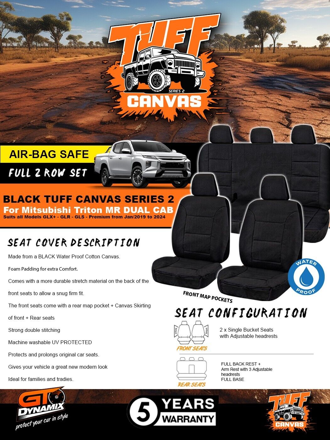 Black Tuff Canvas S2 Seat Covers 2 Rows For Mitsubishi Triton MR GLX GLR GLS 1/2019-2023