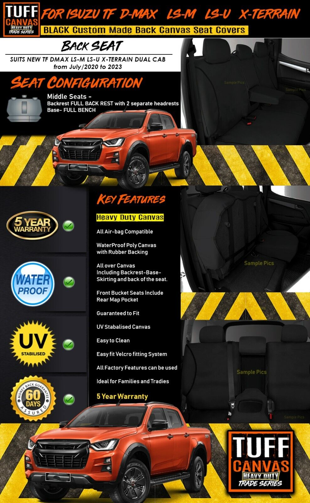TUFF HD TRADE Canvas Seat Covers Rear For Isuzu D-MAX DMAX TF LS-M LS-U 7/2020-2023 Black