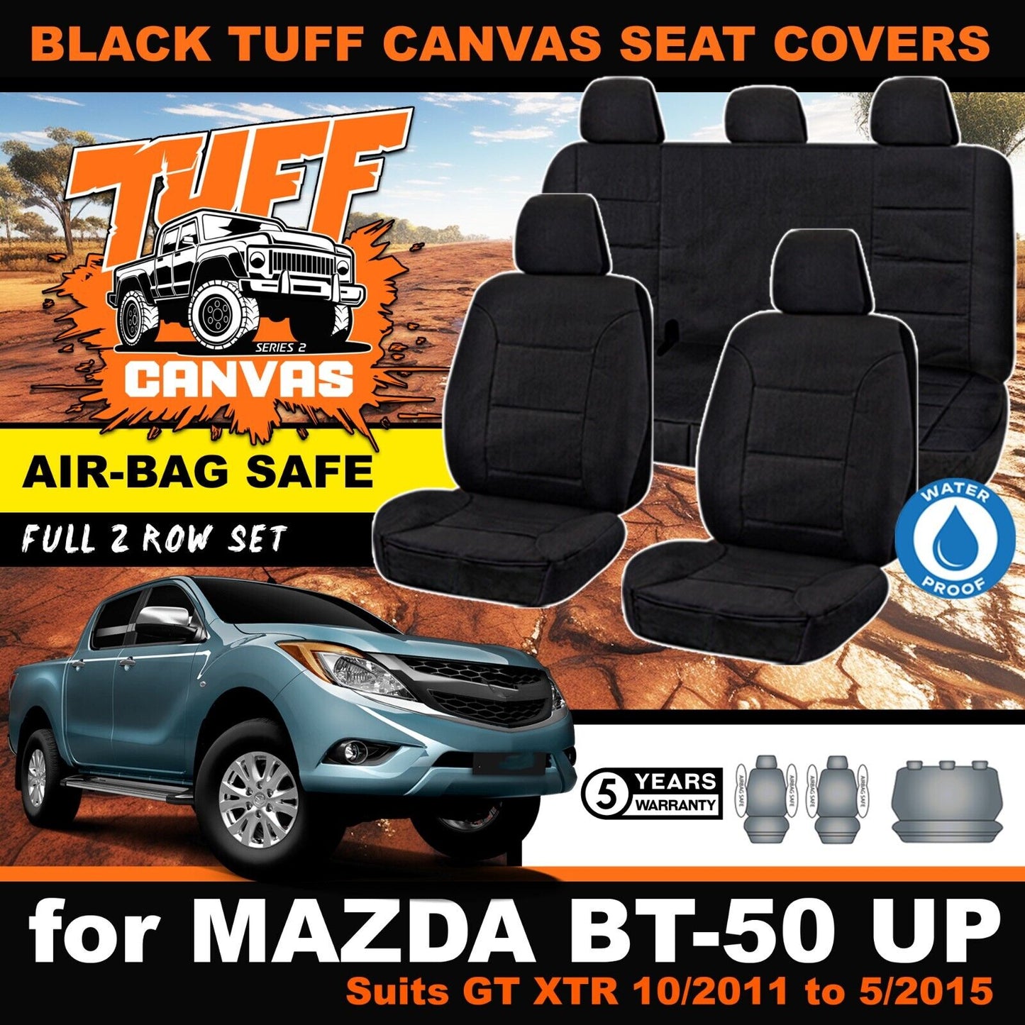 Black Tuff Canvas S2 Seat Covers 2 Rows For Mazda BT-50 Dual Cab XT XTR 11/2011-9/2015