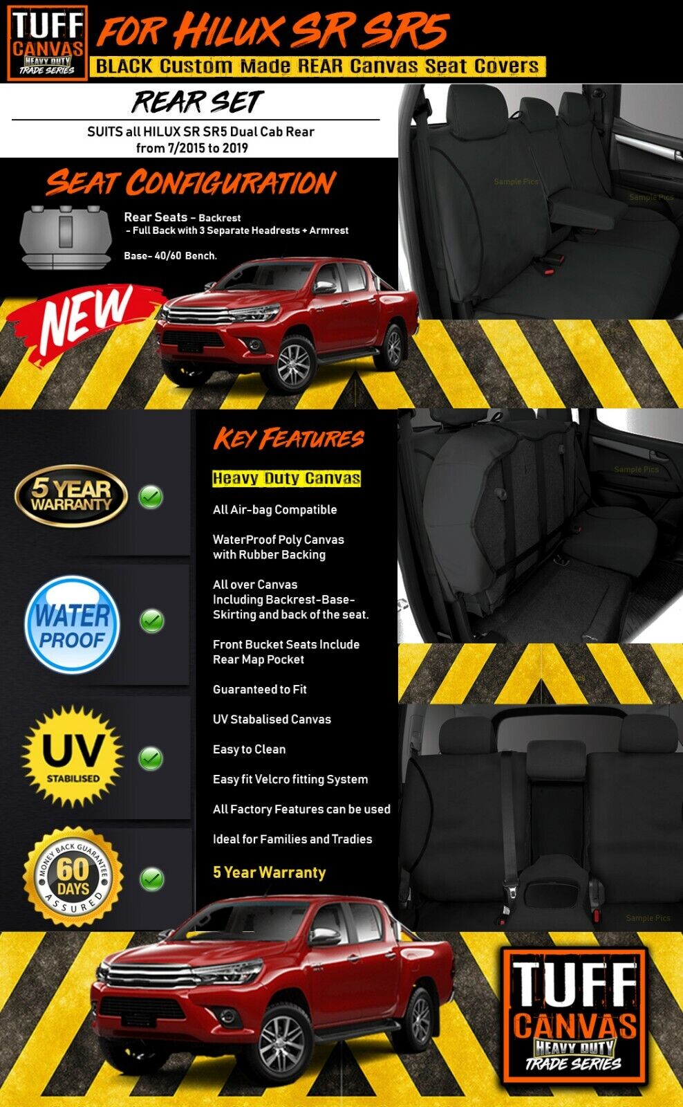 TUFF HD TRADE Canvas Seat Covers Rear For Toyota Hilux SR SR5 Dual Cab 7/2015-2021 Black