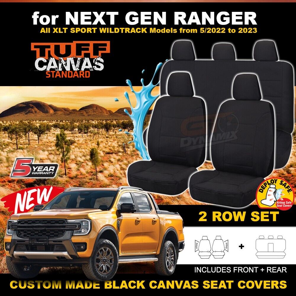 Tuff Canvas Seat Covers 2 Rows For Ford NEXT GEN Ranger XLT SPORT WILDTRACK 5/2022-2024 Black