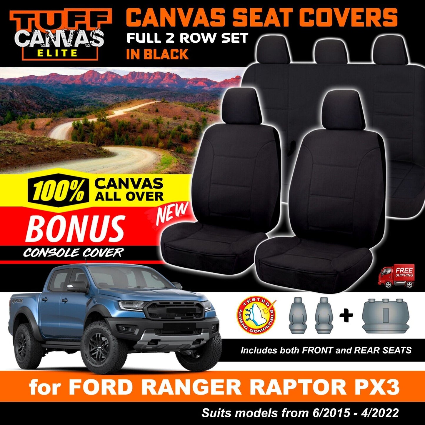 Tuff Elite Canvas Seat Covers 2 Rows For Ford Raptor PX3 Dual Cab 2015-4/2022 Black