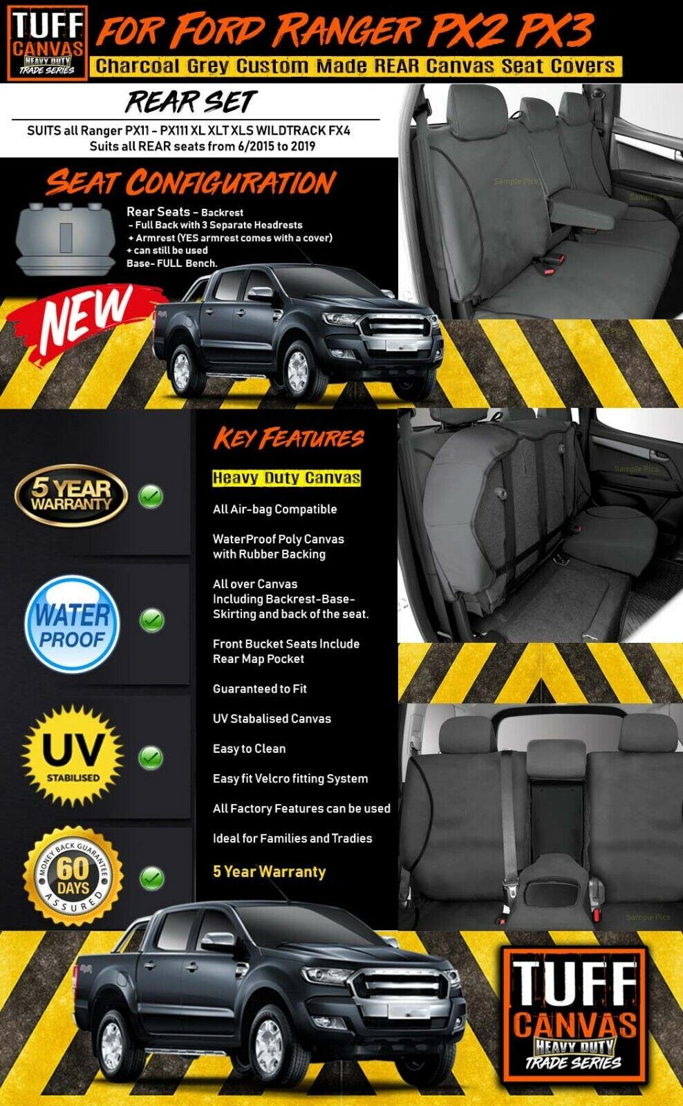 TUFF HD TRADE Canvas Seat Covers Rear For Ford Ranger PX2 PX3 XLT XL 6/2015-2019 Charcoal