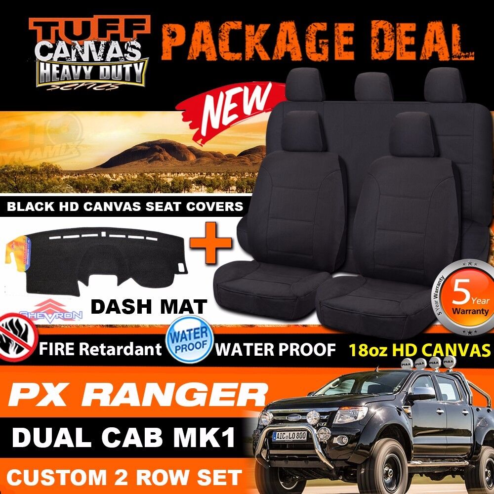 Tuff HD Canvas Seat Covers 2 Rows + Dash Mat For Ford PX RANGER Dual Cab 2011-5/2015 Black