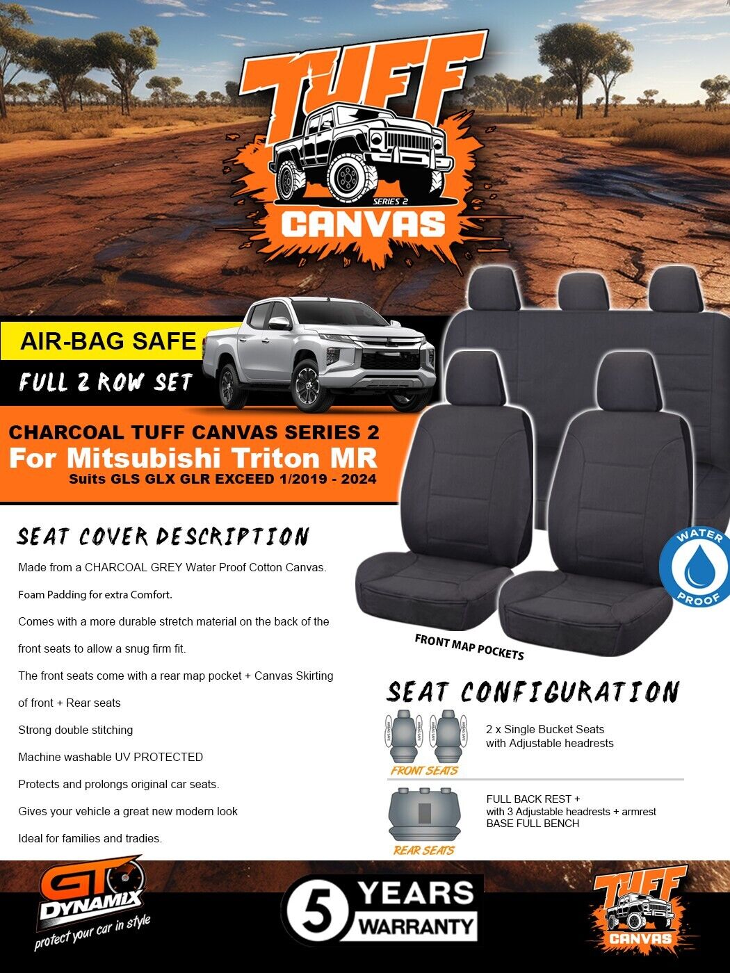 Charcoal Tuff Canvas S2 Seat Covers 2 Rows For Mitsubishi Triton MR GLR Premium 1/2019-2023