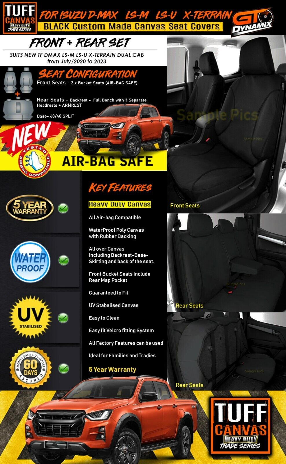 Tuff HD TRADE Canvas Seat Covers 2 Row + Dash Mat For Isuzu DMAX TF W/TRAY 2020-2024 DM1593 Black