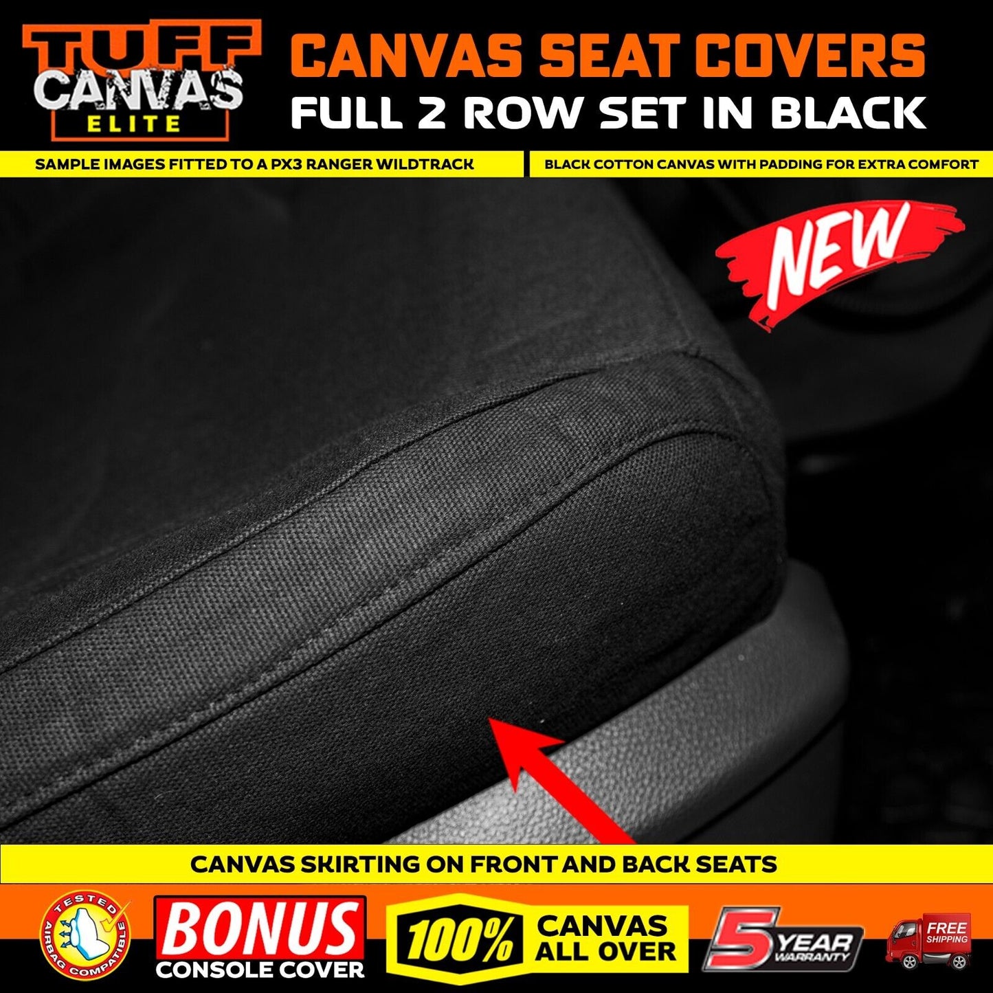 Tuff Elite Canvas Seat Covers 2 Rows For Ford Ranger PX2 PX3 Dual Cab XL XLT 2015-2023 Black
