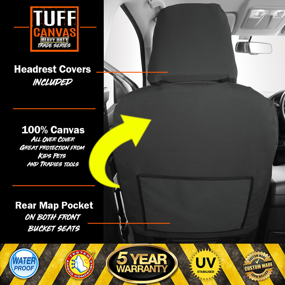 TUFF HD TRADE Canvas Seat Covers Front For Toyota Hiace LWB CREW VAN 2014-2019 Black