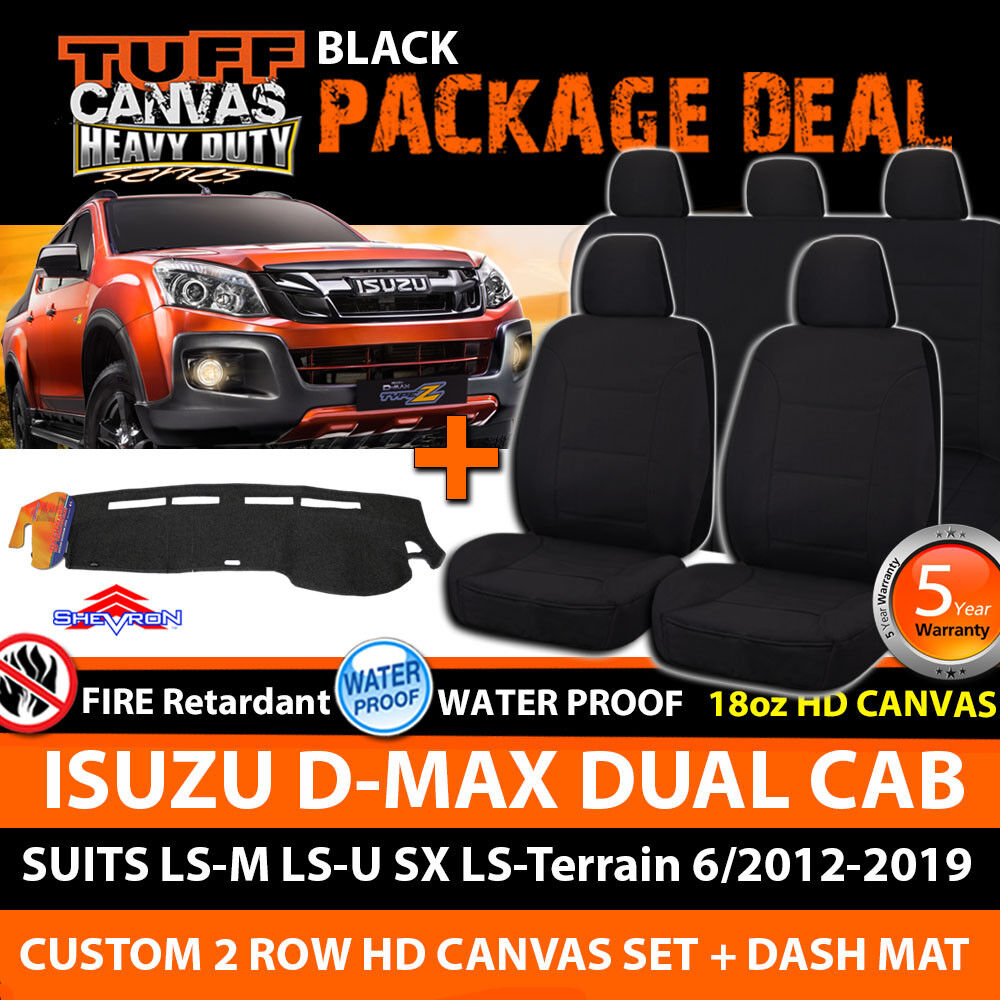 Tuff HD Canvas Seat Covers 2 Rows + Dash Mat For Isuzu D-MAX Dual Cab 6/2012-2019 Black