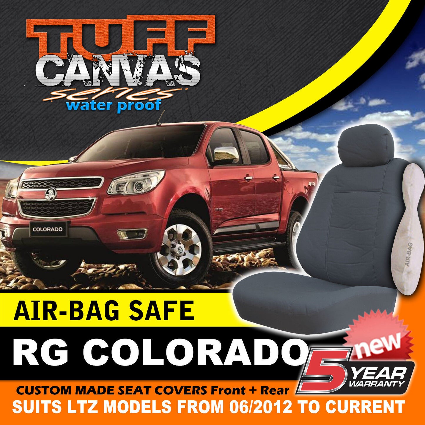 Tuff Canvas Seat Covers 2 Row + Dash Mat For Holden RG Colorado LTZ 6/2012-2016 Charcoal