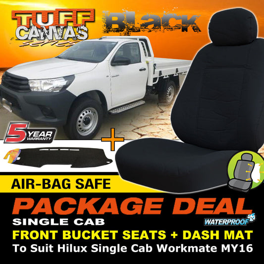 Tuff Canvas Seat Covers Front + Dash Mat For Toyota Hilux Workmate 2 SEAT 10/2015-2024 Black