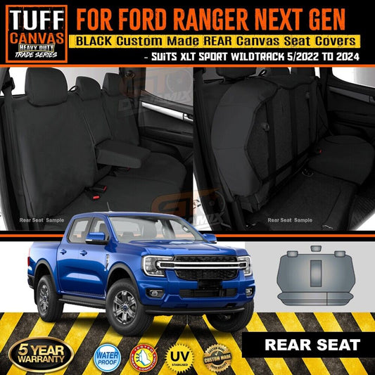 TUFF HD TRADE Canvas Seat Covers Rear For Ford NEXT GEN Ranger XLT Wildtrack 5/2022-2024 Black