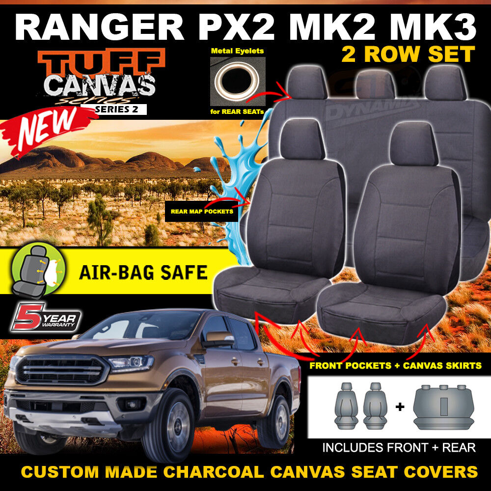 Tuff Canvas Seat Covers 2 Rows For Ford PX2 RANGER MK2 MK3 XL XLT Wildtrack 6/2015-2021 Charcoal