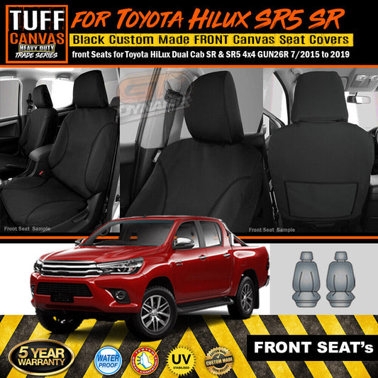 TUFF HD TRADE Canvas Seat Covers Front For Toyota Hilux Workmate D/CAB 7/2015-2024 Black