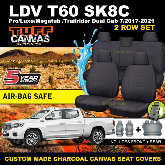 Tuff Canvas Seat Covers 2 Rows For LDV T60 SK8C Pro Megatub Trailrider Dual Cab 2017-2024 Charcoal