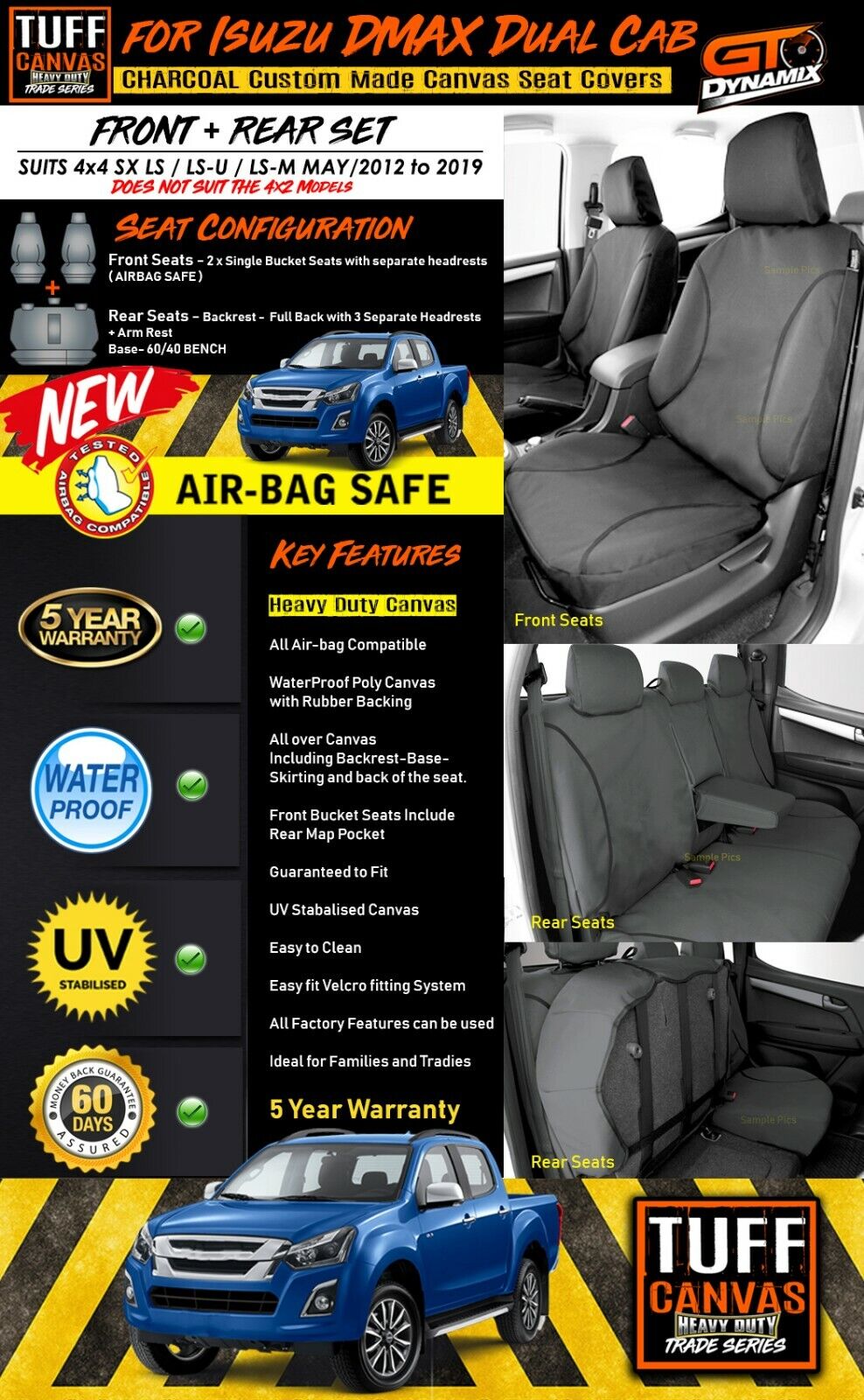 TUFF HD TRADE Canvas Seat Covers 2 Rows For Isuzu D-MAX DMAX LS-U SX 5/2012-6/2021 Charcoal