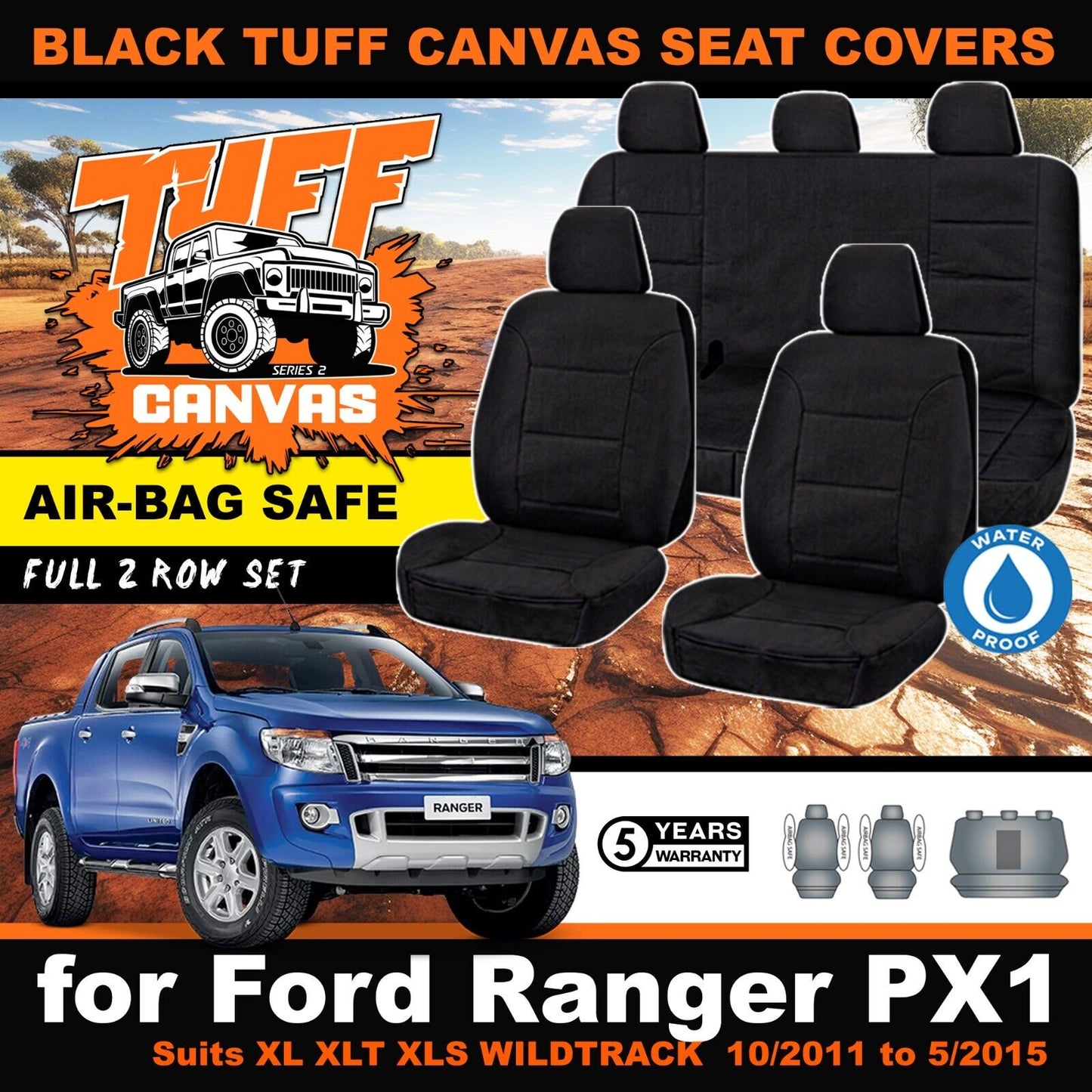 Black Tuff Canvas S2 Seat Covers 2 Rows For FORD PX1 RANGER XL XLT XLS Wildtrack 10/2011-15
