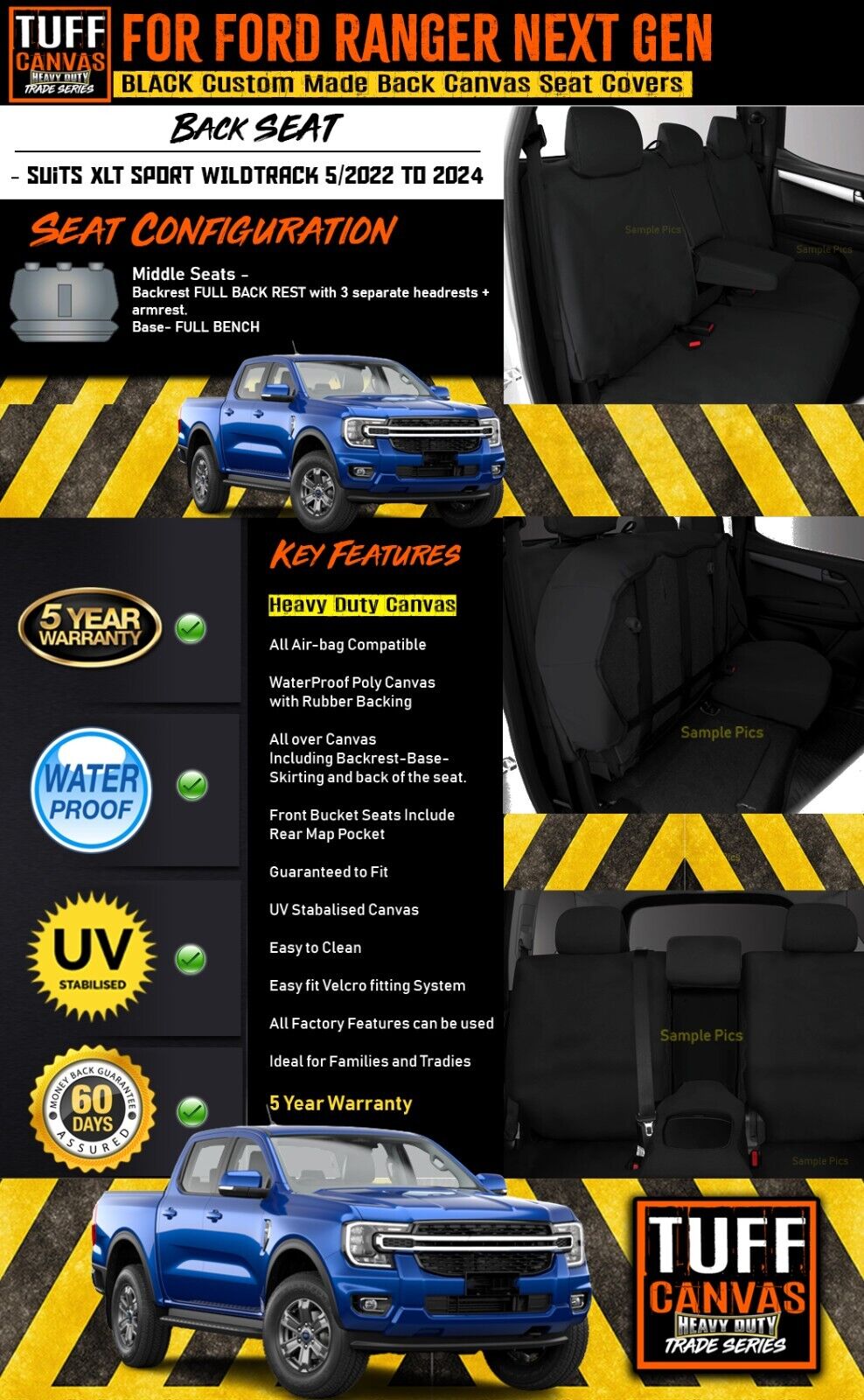 Tuff HD TRADE Canvas Seat Covers 2 Row + Dash Mat For Ford Ranger Next Gen SPORT DM1650 Black