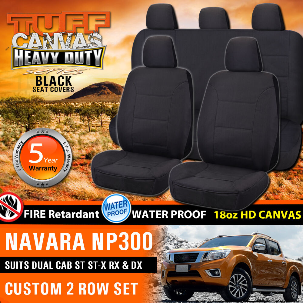 Tuff HD Canvas Seat Covers 2 Rows + Dash Mat For Nissan Navara NP300 Dual Cab 3/2015-2017 Black