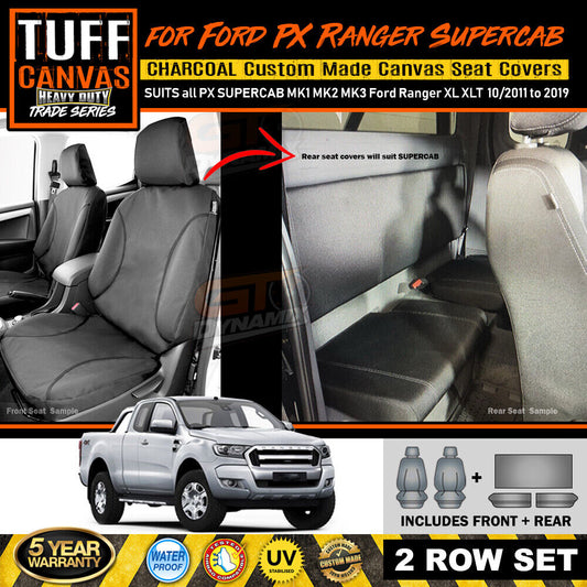 TUFF HD TRADE Canvas Seat Covers 2 Rows For Ford PX Ranger Super Cab XL XLT 10/2011-2019 Charcoal