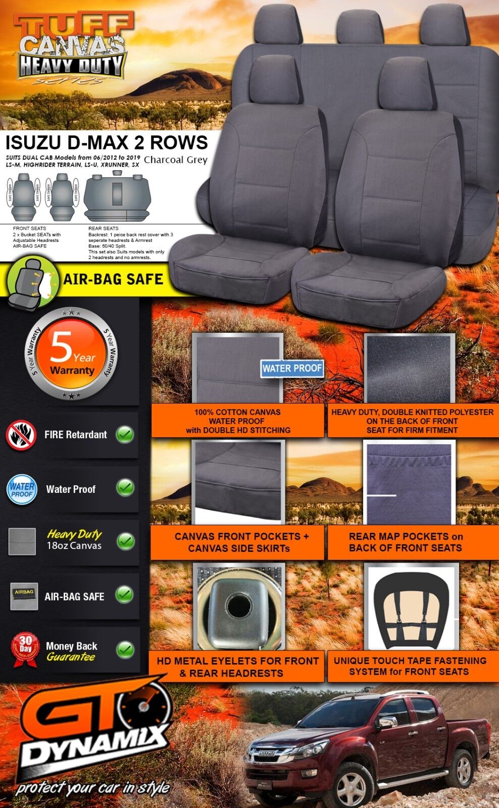 Tuff HD Canvas Seat Covers 2 Rows For Isuzu DMAX Dual Cab LS-U F+R 6/2012-2019 D-MAX Charcoal