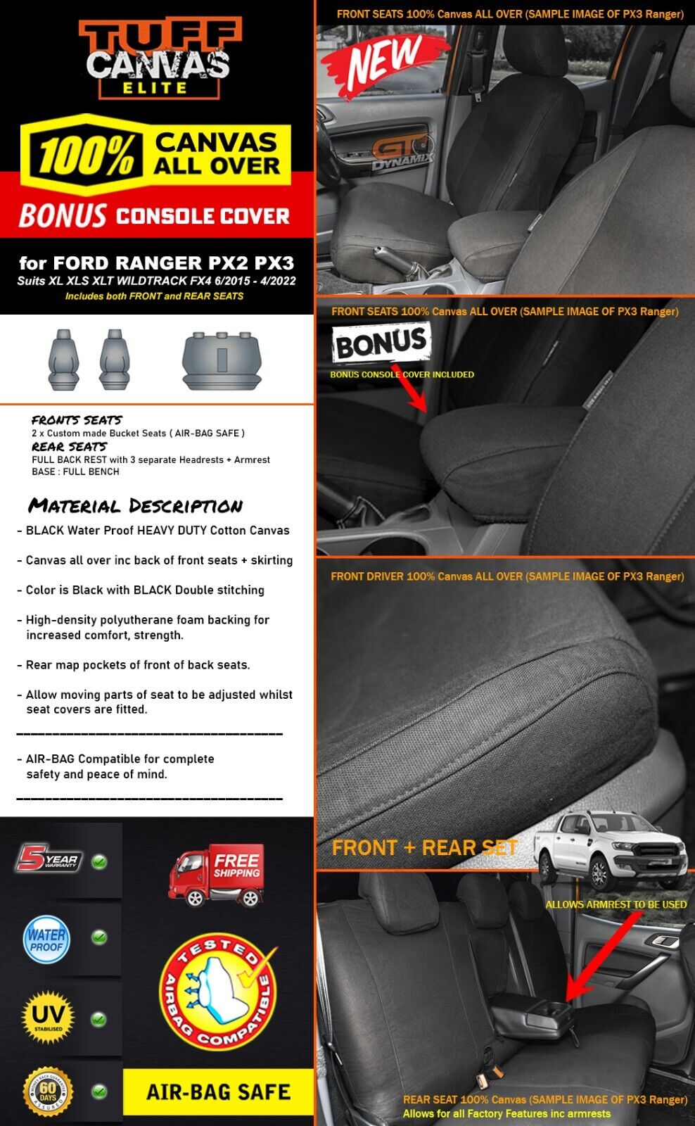 Tuff Elite Canvas Seat Covers 2 Rows For Ford Ranger PX2 PX3 Dual Cab XL XLT 2015-2023 Black