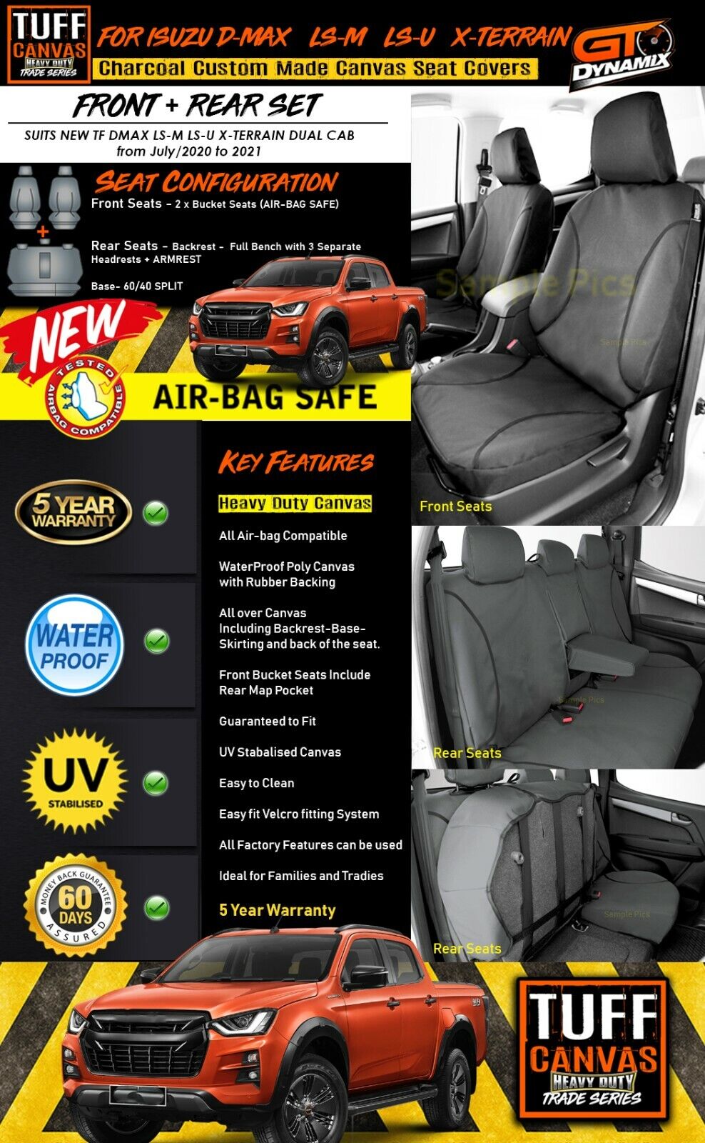 TUFF HD TRADE Canvas Seat Covers 2 Rows For Isuzu D-MAX DMAX TF X-Terrain 7/2020-2021 Charcoal