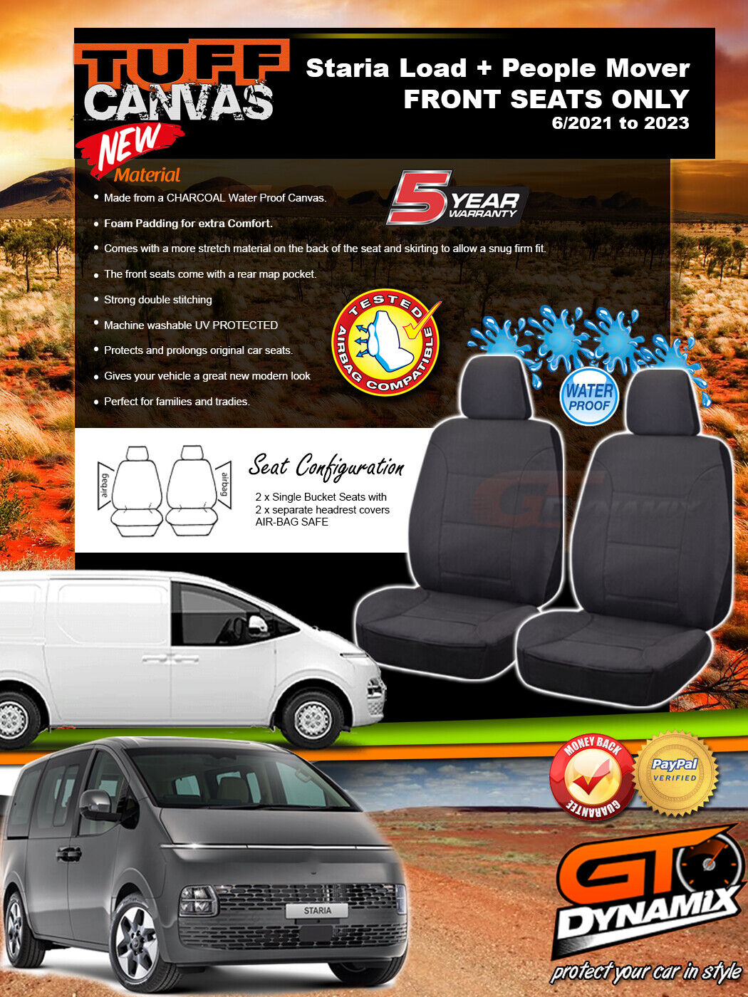 Tuff Canvas Seat Covers Front For Hyundai Staria Load + People Mover Van 6/2021-2023 Charcoal