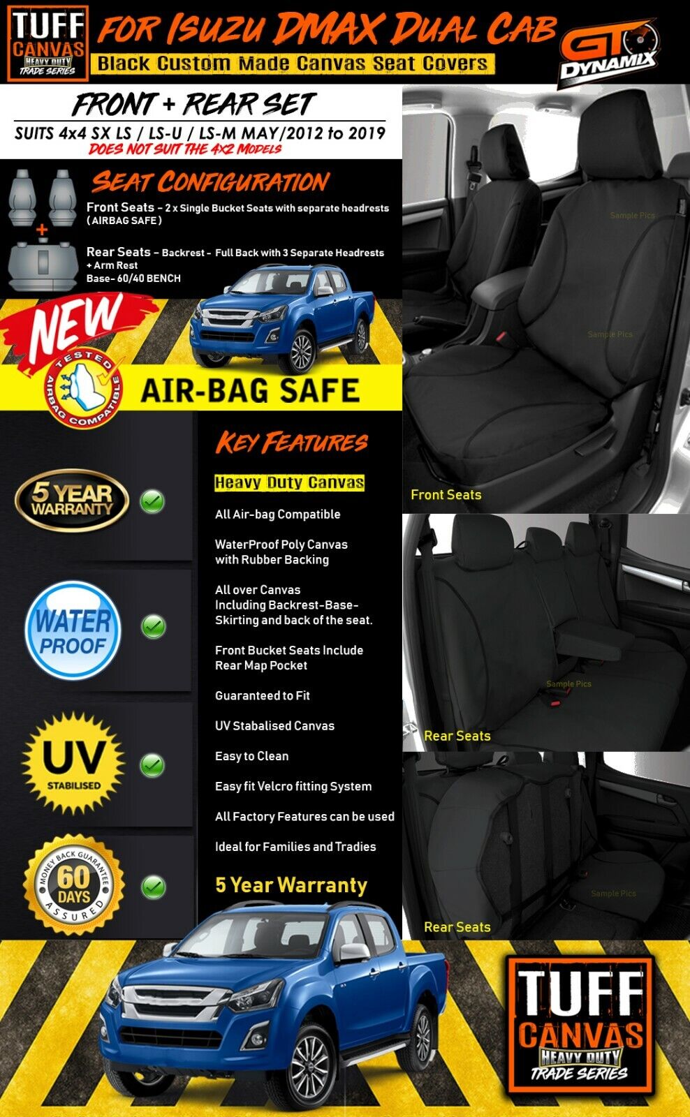 TUFF HD TRADE Canvas Seat Covers 2 Rows For Isuzu D-MAX DMAX LS-U 4x4 SX 5/2012-2019 Black