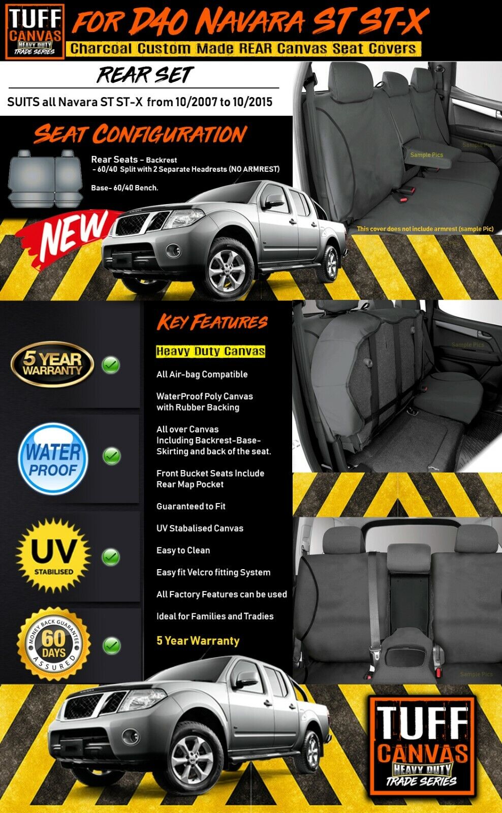 TUFF HD TRADE Canvas Seat Covers Rear For Nissan Navara D40 ST ST-X 10/2007-10/2015 Charcoal