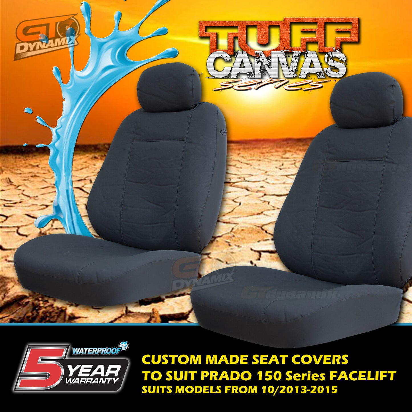 Tuff Canvas Seat Covers 3 Rows + Dash Mat For Toyota Prado Facelift 150 3ROW 10/2013-2018 Charcoal