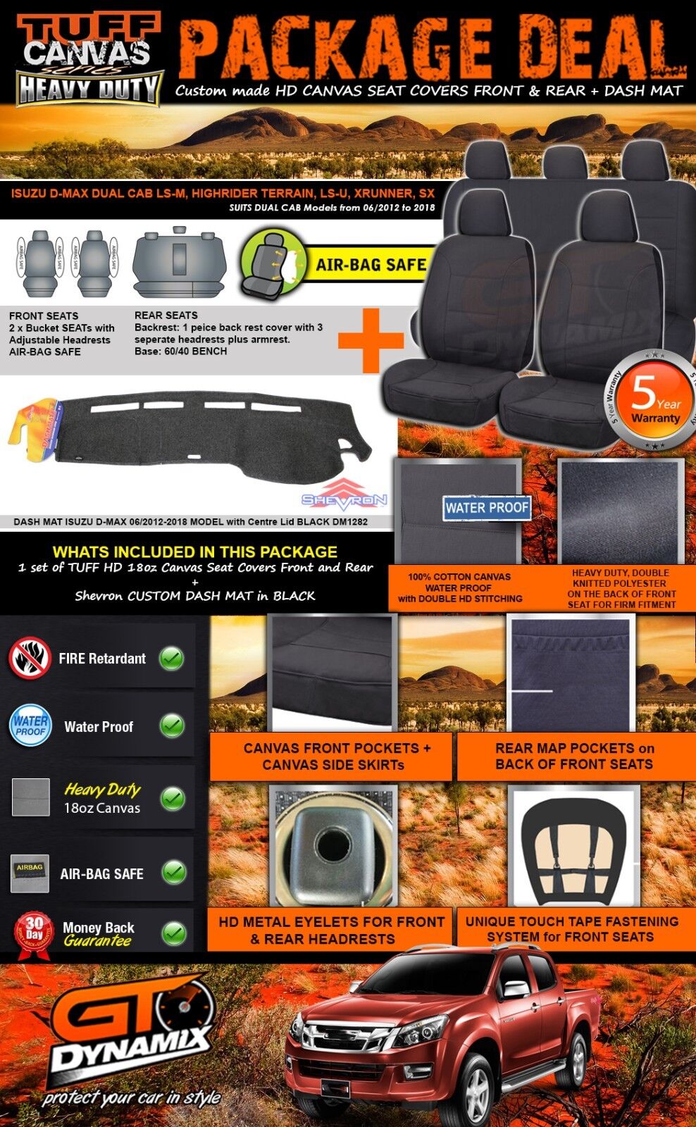 Tuff HD Canvas Seat Covers 2 Rows + Dash Mat For Isuzu DMAX Dual Cab 6/2012-19 Black