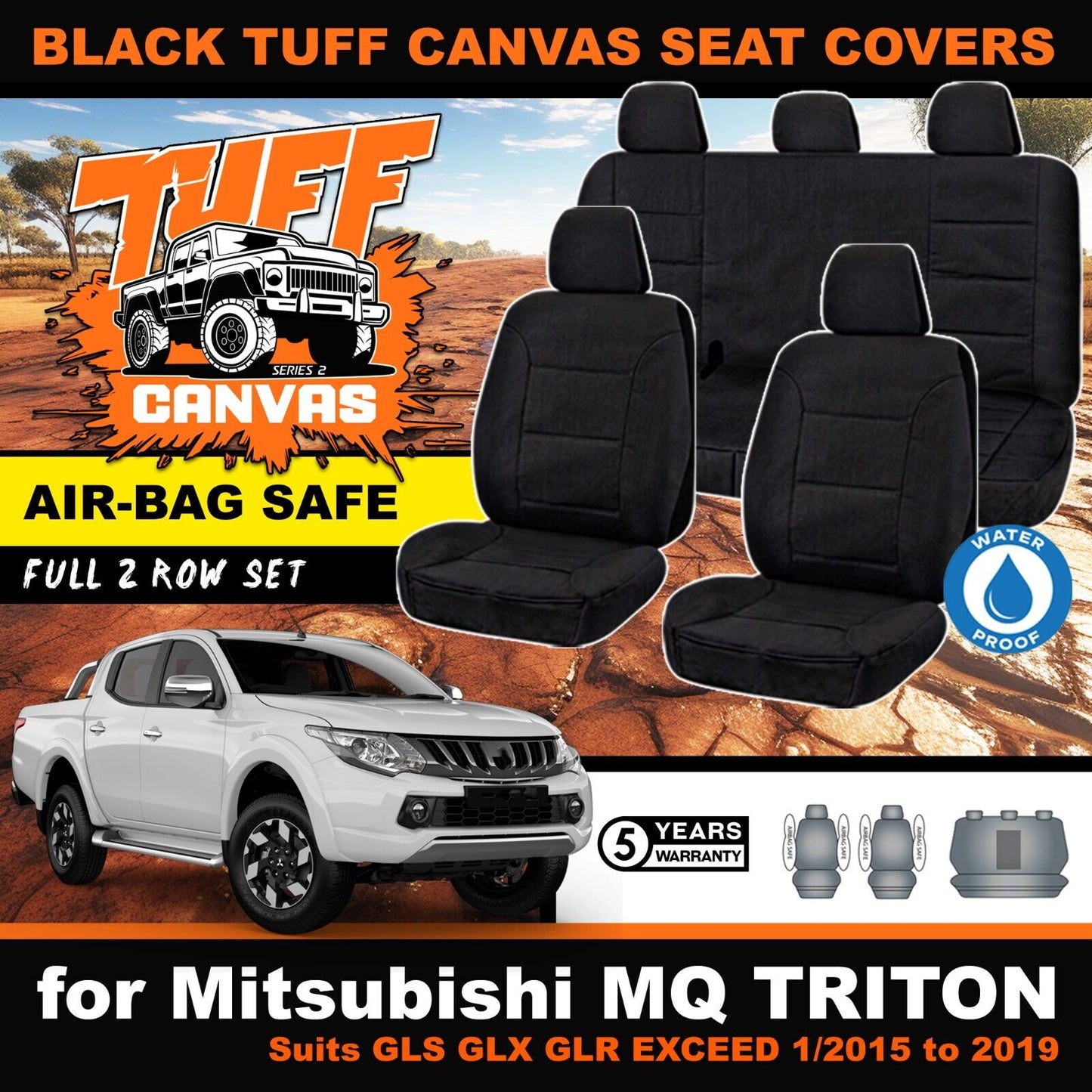Black Tuff Canvas S2 Seat Covers 2 Rows For Mitsubishi Triton MQ GLX GLR GLS 1/2015-2019