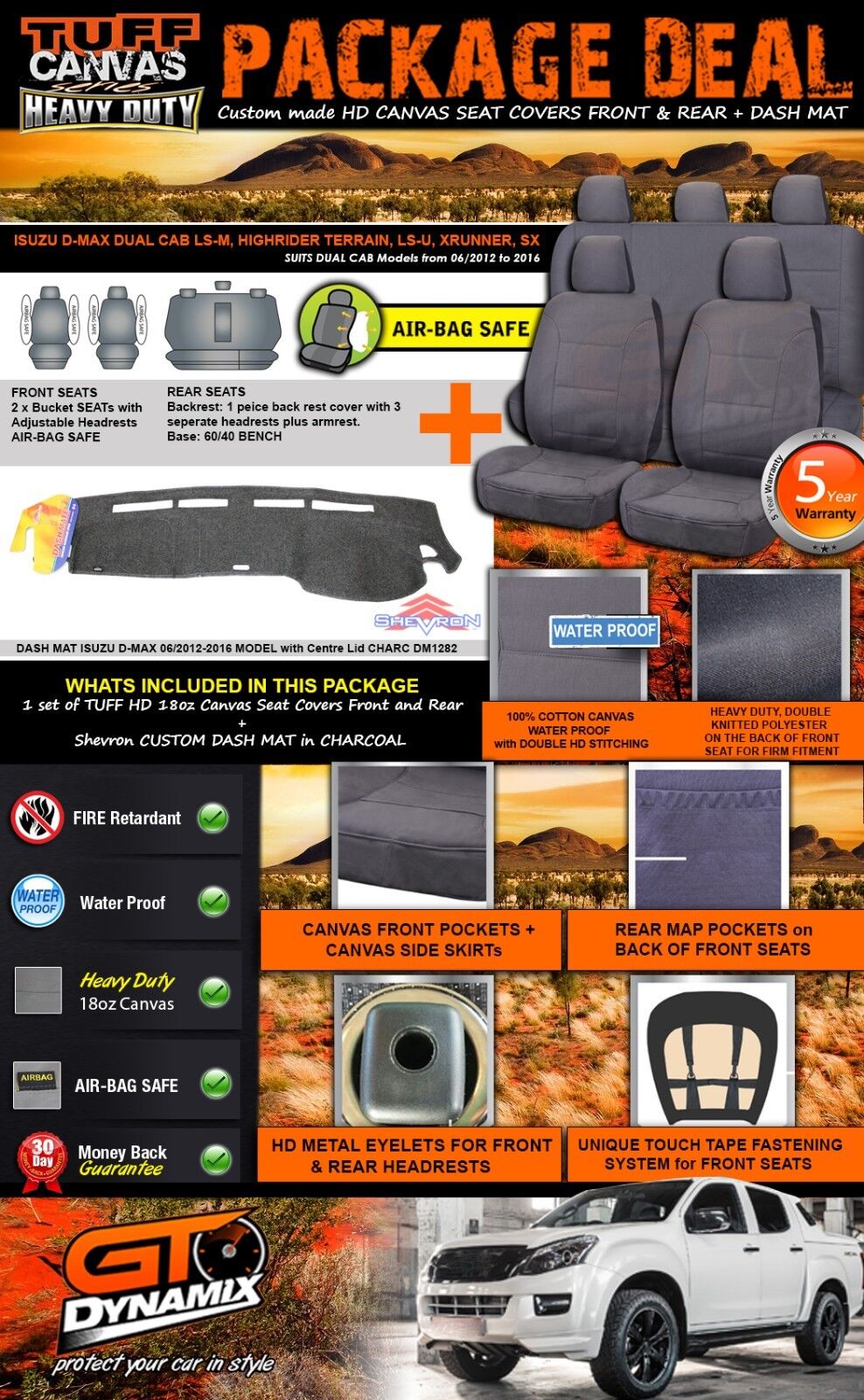 Tuff HD Canvas Seat Covers 2 Rows + Dash Mat For Isuzu D-MAX Dual Cab 6/2012-19 Charcoal