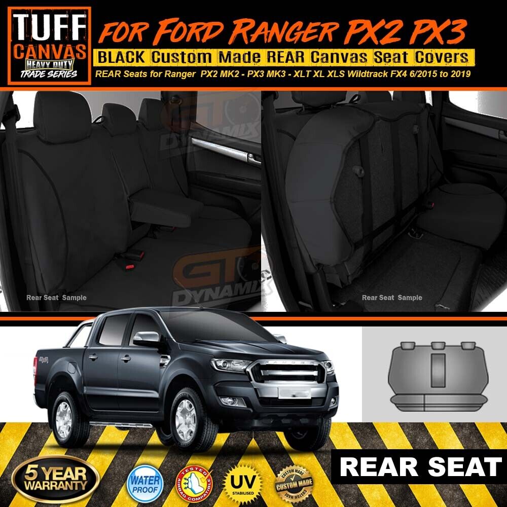 TUFF HD TRADE Canvas Seat Covers Rear For Ford Ranger PX2 PX3 XLT XL 6/2015-2022 Black