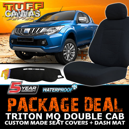 Tuff Canvas Seat Covers 2 Row + Dash Mat For Mitsubishi Triton MQ DOUBLE CAB 05/2015-2018 Black