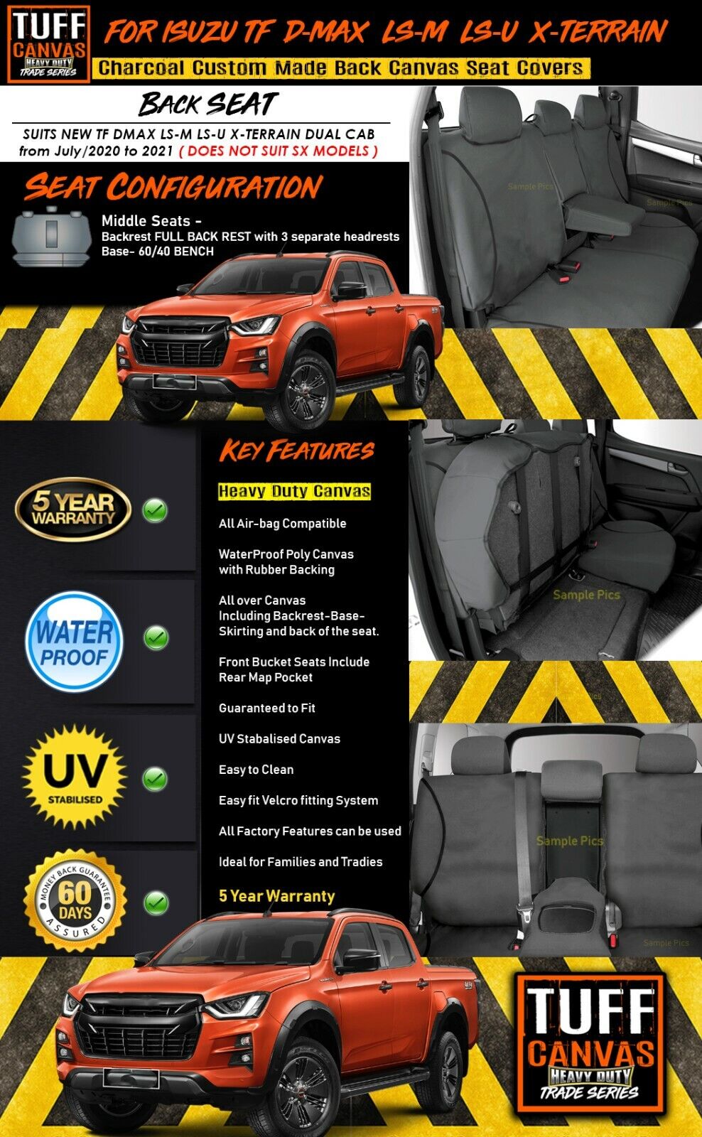 TUFF HD TRADE Canvas Seat Covers Rear For Isuzu D-MAX DMAX TF LS-U LS-M 7/2020-2021 Charcoal