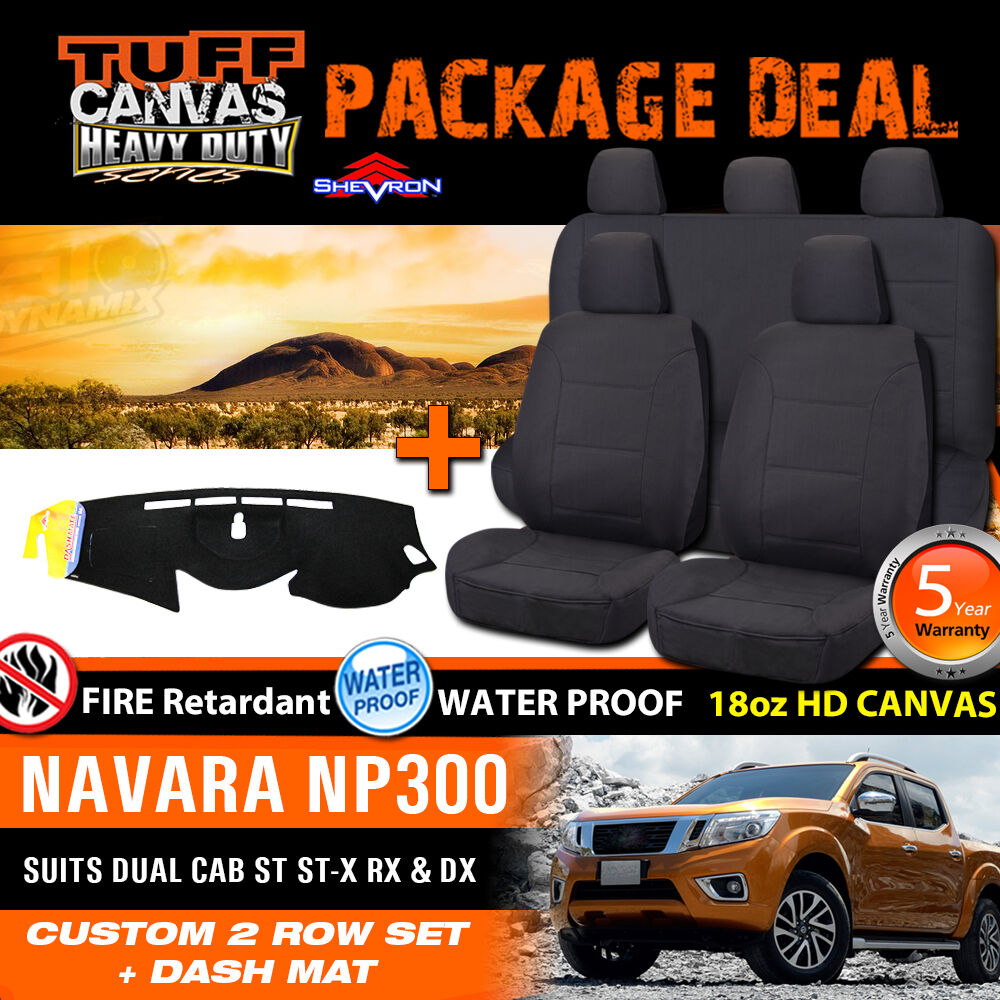 Tuff HD Canvas Seat Covers 2 Rows + Dash Mat For Nissan Navara NP300 Dual Cab 3/2015-2017 Black