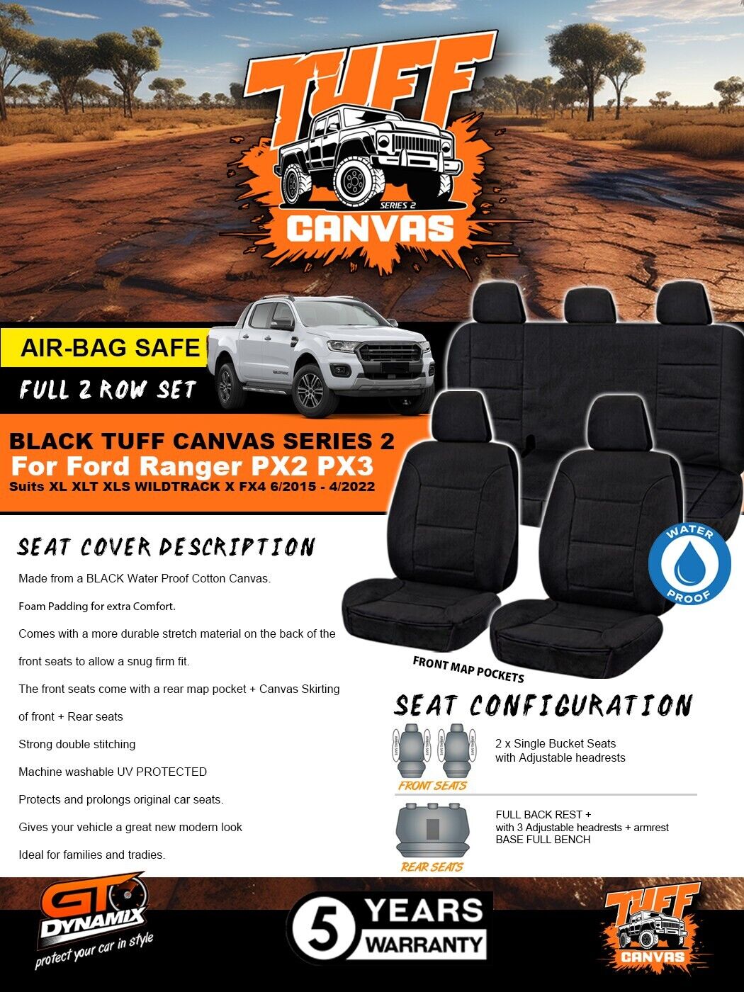Black Tuff Canvas S2 Seat Covers 2 Rows For Ford Ranger PX2 PX3 XL XLT SPORT WILDTRACK 6/2015-4/2022